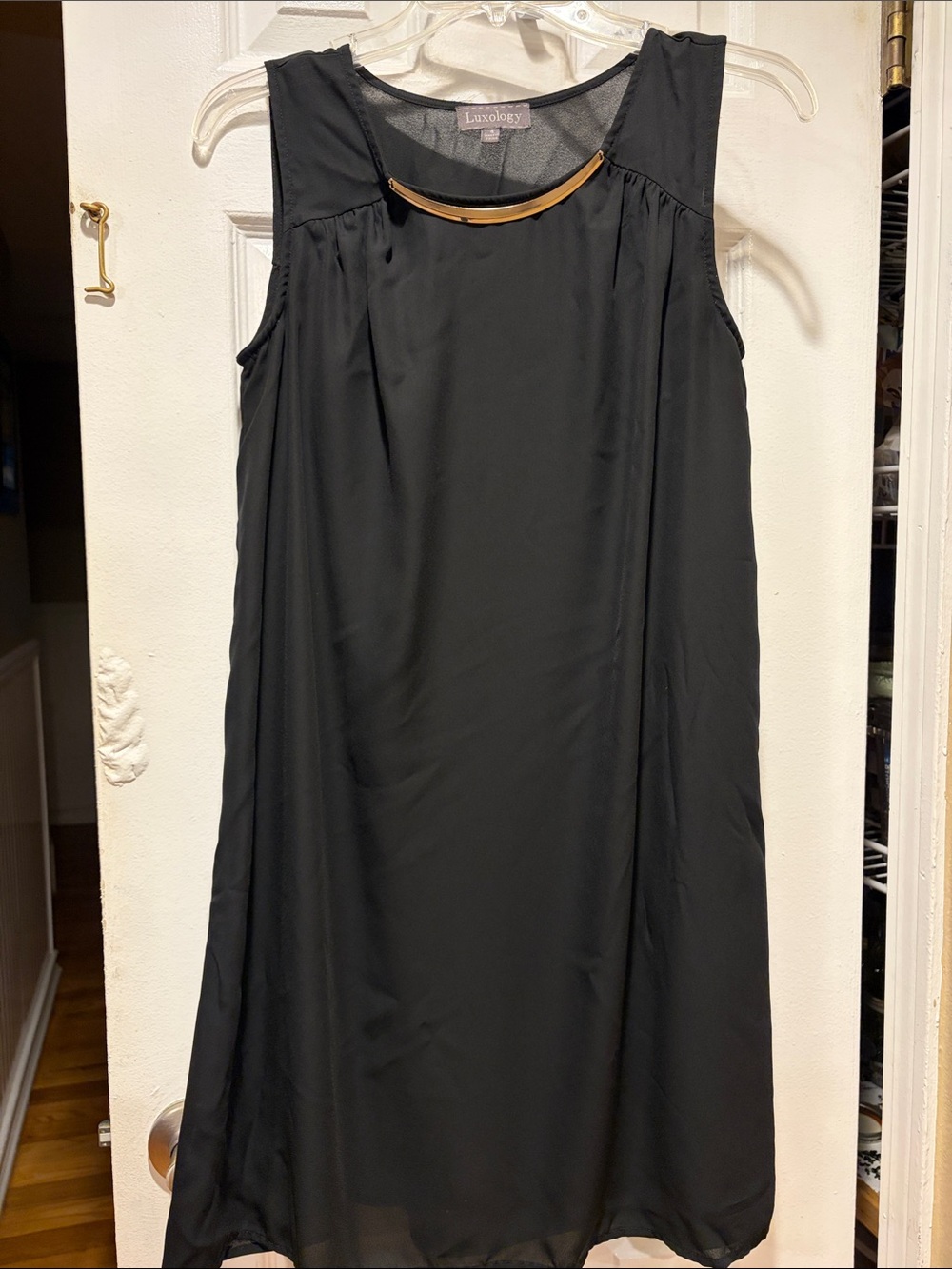 Luxology Black Sleeveless Mini Dress with Gold Neck Bar